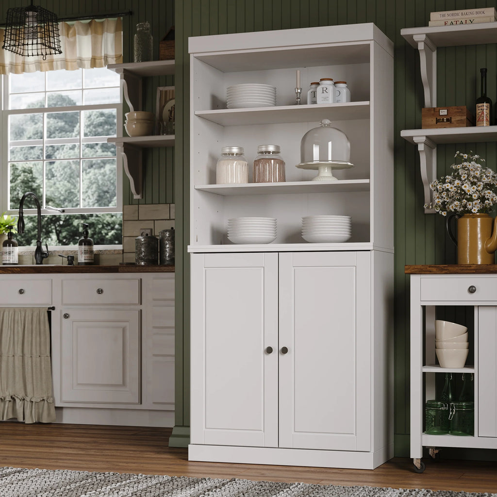100% Solid Wood Kitchen Pantry Cabinet with 2 Clear Glass or Solid Wood Doors and 2-Drawer Organizer by Palace Imports