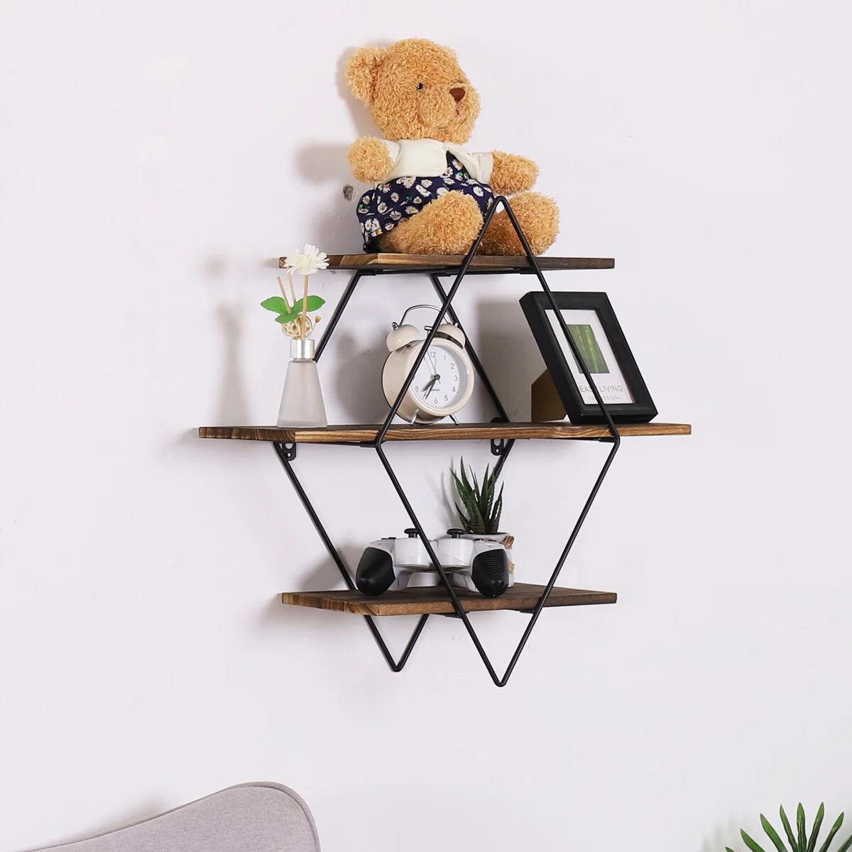 3Tier Metal Wall Shelves in Geometric Diamond for Home Display Storage