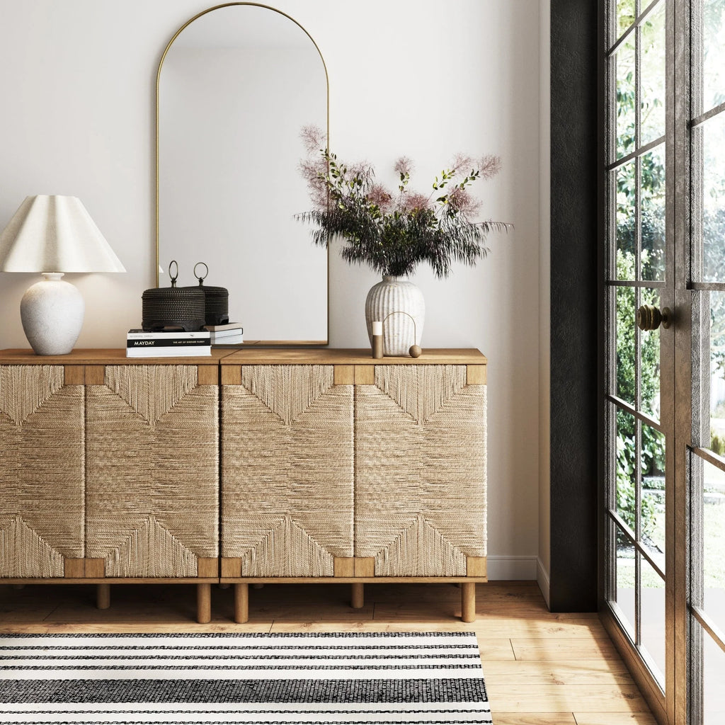 Nathan James Beacon Wood Accent Cabinet with Seagrass Doors and Adjustable Shelf