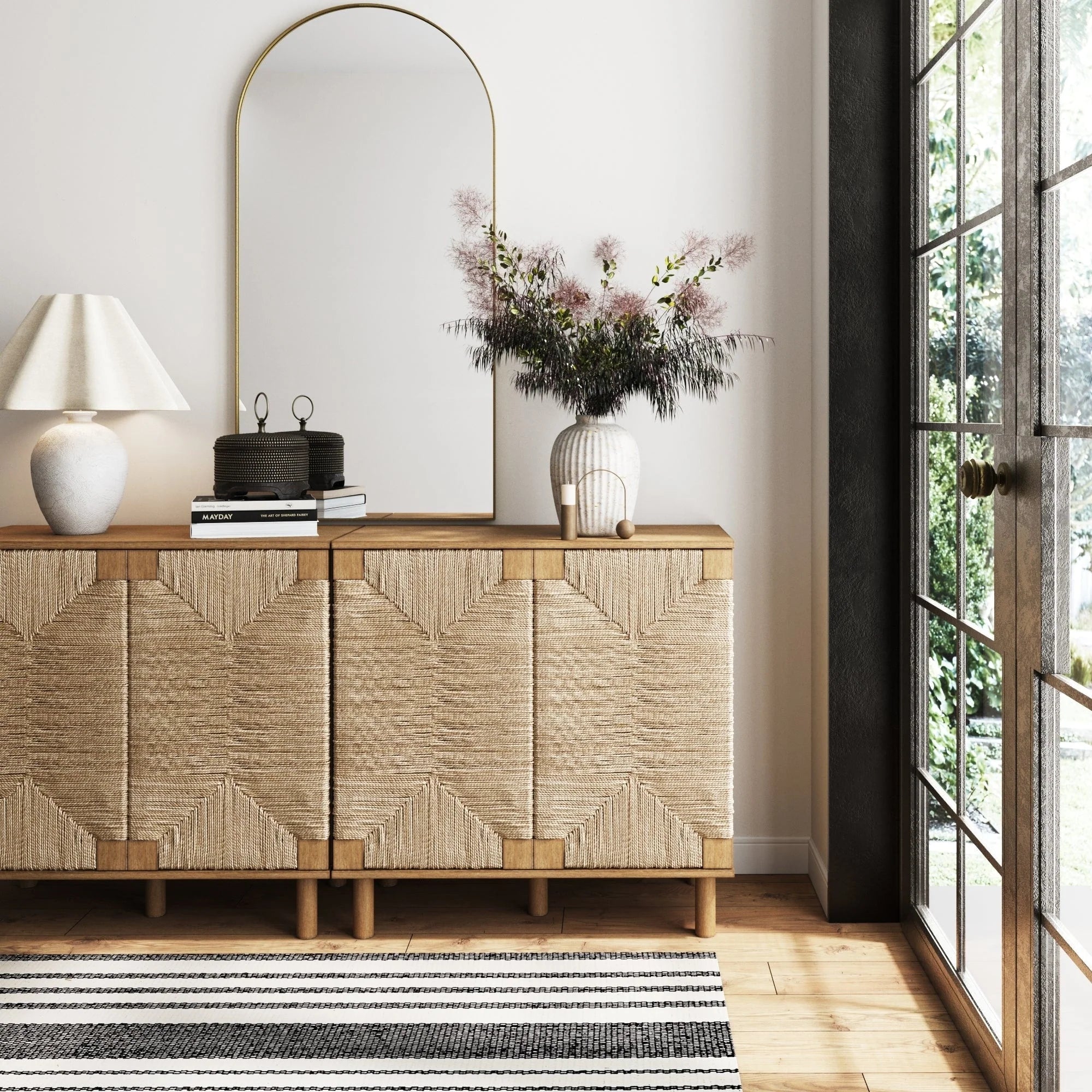 Nathan James Beacon Wood Accent Cabinet with Seagrass Doors and Adjustable Shelf