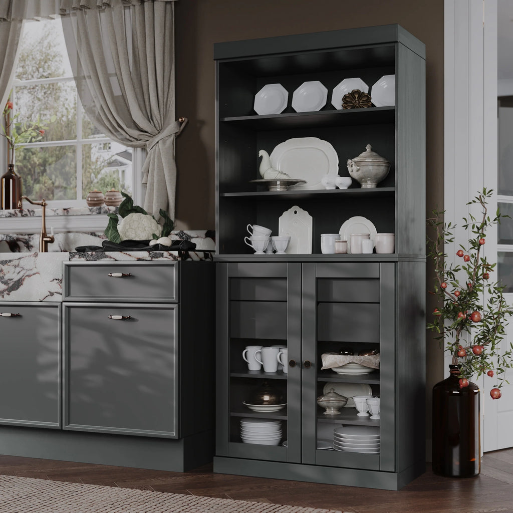 100% Solid Wood Kitchen Pantry Cabinet with 2 Clear Glass or Solid Wood Doors and 2-Drawer Organizer by Palace Imports