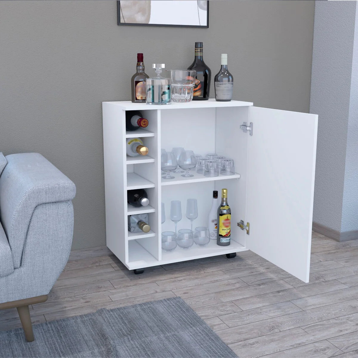 32" H white bar -coffee cart,living room cabinet storage with 4 wheels, with 6 bottle racks, a central shelf covered by 1 door