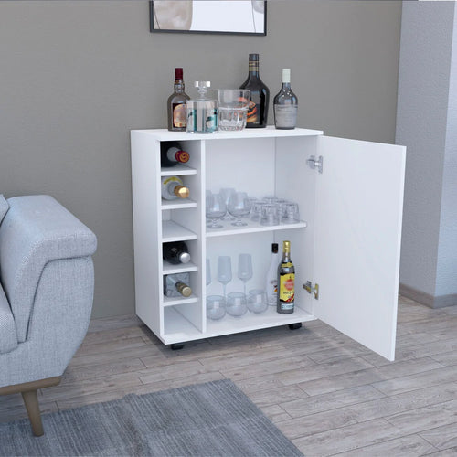 32" H white bar -coffee cart,living room cabinet storage with 4 wheels, with 6 bottle racks, a central shelf covered by 1 door