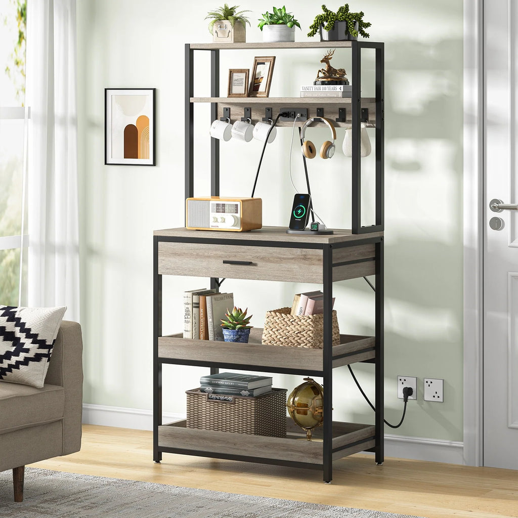 Kitchen Bakers Rack with Power Outlets, High Utility Storage Shelves Microwave Stand with Drawers