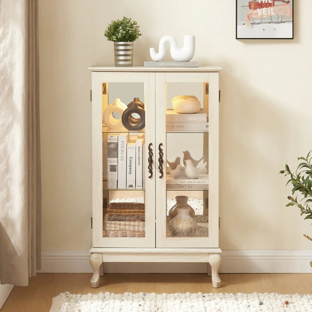 Curio Cabinet with Tempered Glass Doors and Adjustable Shelves Light Bulb Included