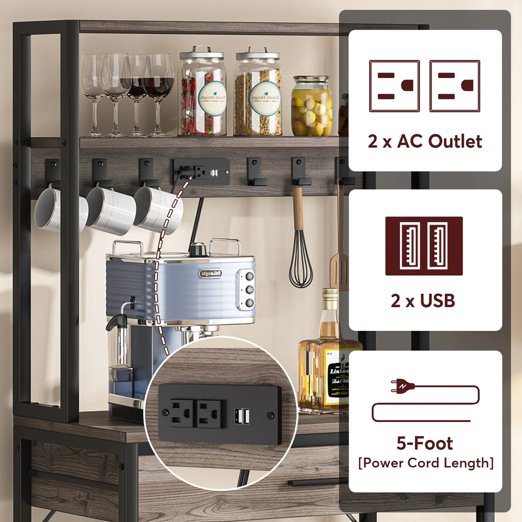 Kitchen Bakers Rack with Power Outlets, High Utility Storage Shelves Microwave Stand with Drawers