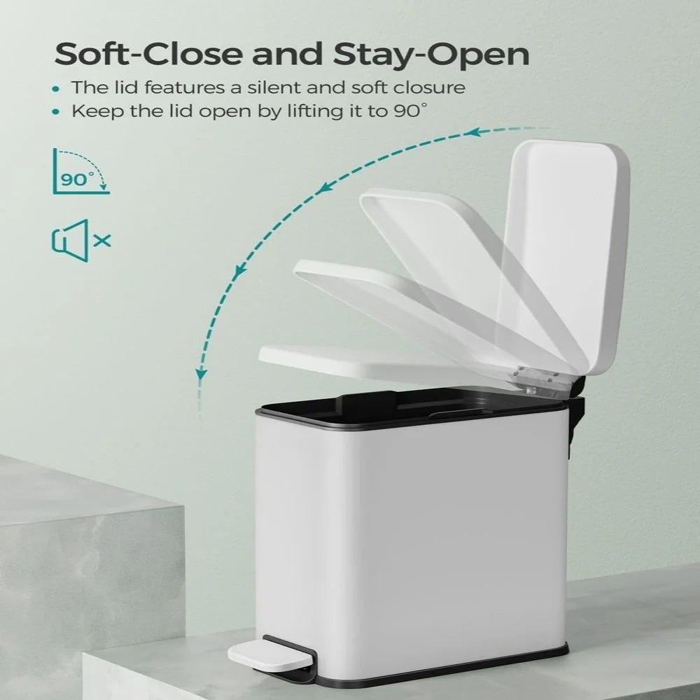Stainless Steel Slim Bathroom Trash Can with Soft-Close Lid and Plastic Removable Inner Bucket