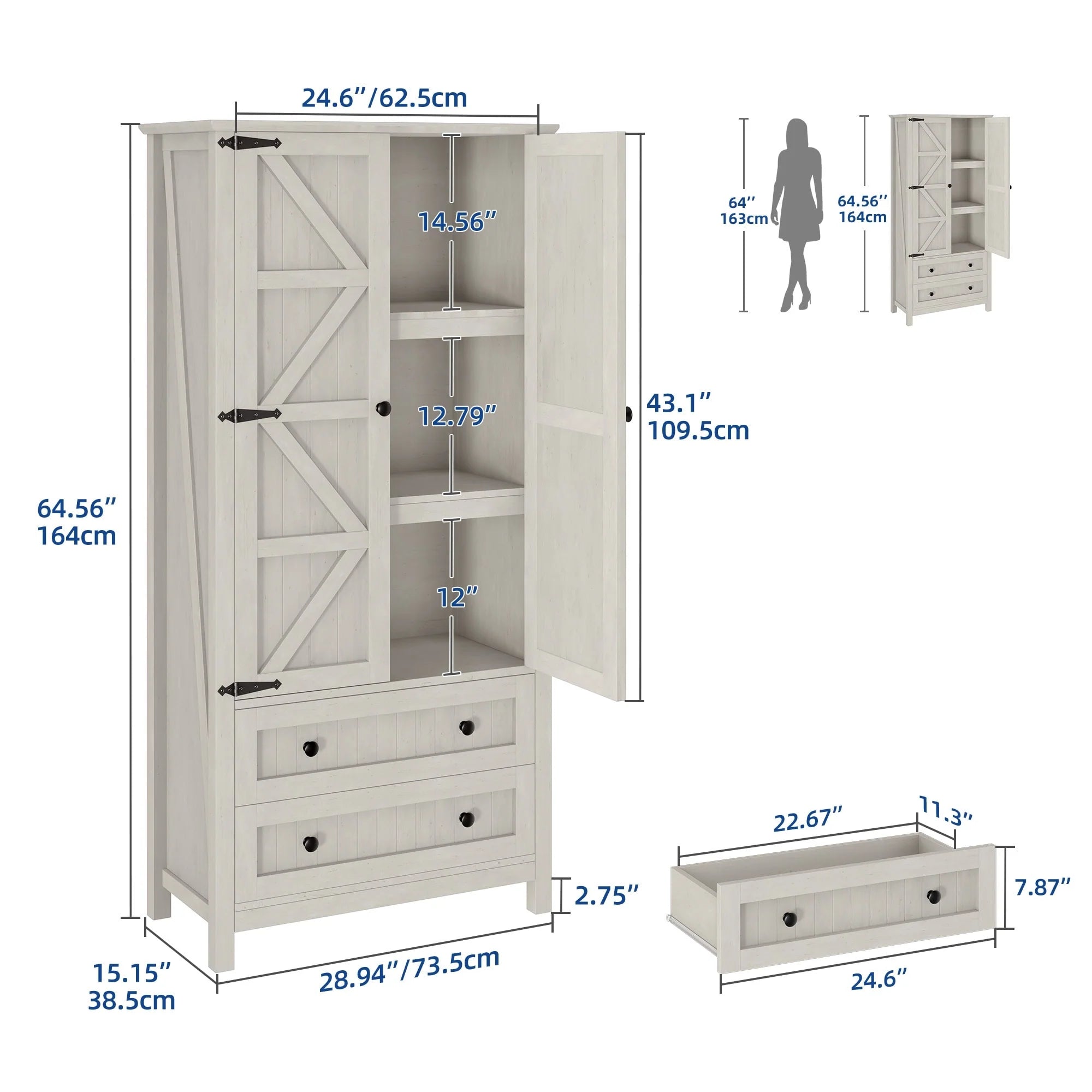Moasis 64" Farmhouse Tall Kitchen Pantry Storage Cabinet with 2 Drawers & Doors