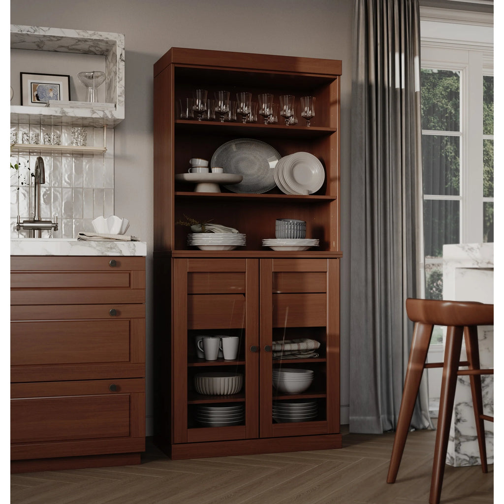 100% Solid Wood Kitchen Pantry Cabinet with 2 Clear Glass or Solid Wood Doors and 2-Drawer Organizer by Palace Imports
