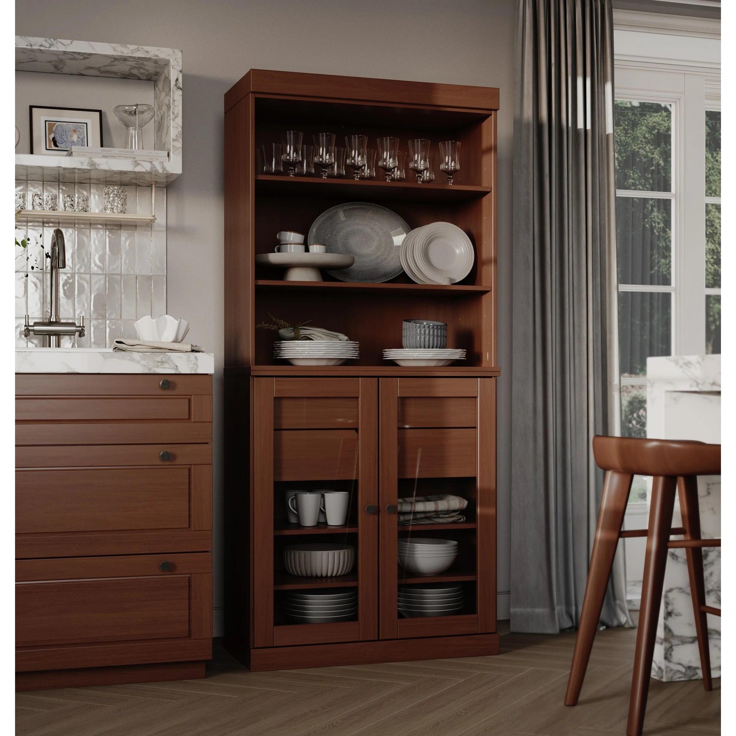 100% Solid Wood Kitchen Pantry Cabinet with 2 Clear Glass or Solid Wood Doors and 2-Drawer Organizer by Palace Imports