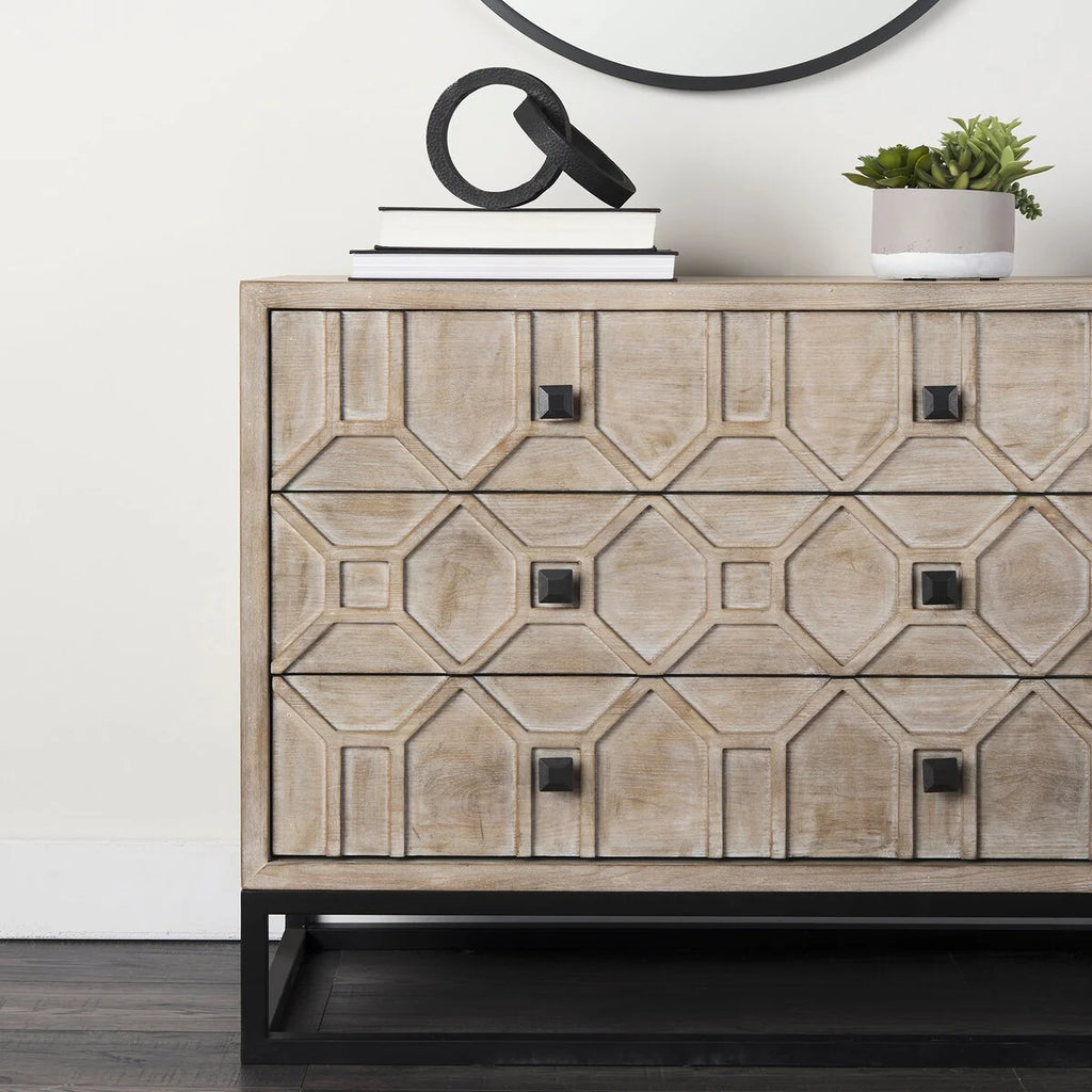 Genevieve I Gray Fir Veneer w/ Iron Frame & 3 Drawer Accent Cabinet - 39.0L x 15.7W x 30.9H