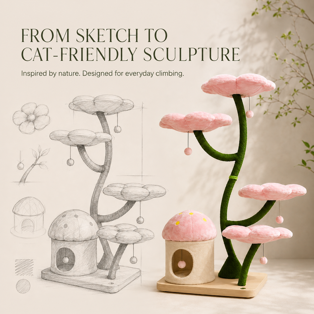 160cm Floral Garden Cat Tree with 4 Plush Flower Beds & Cozy Hideaway