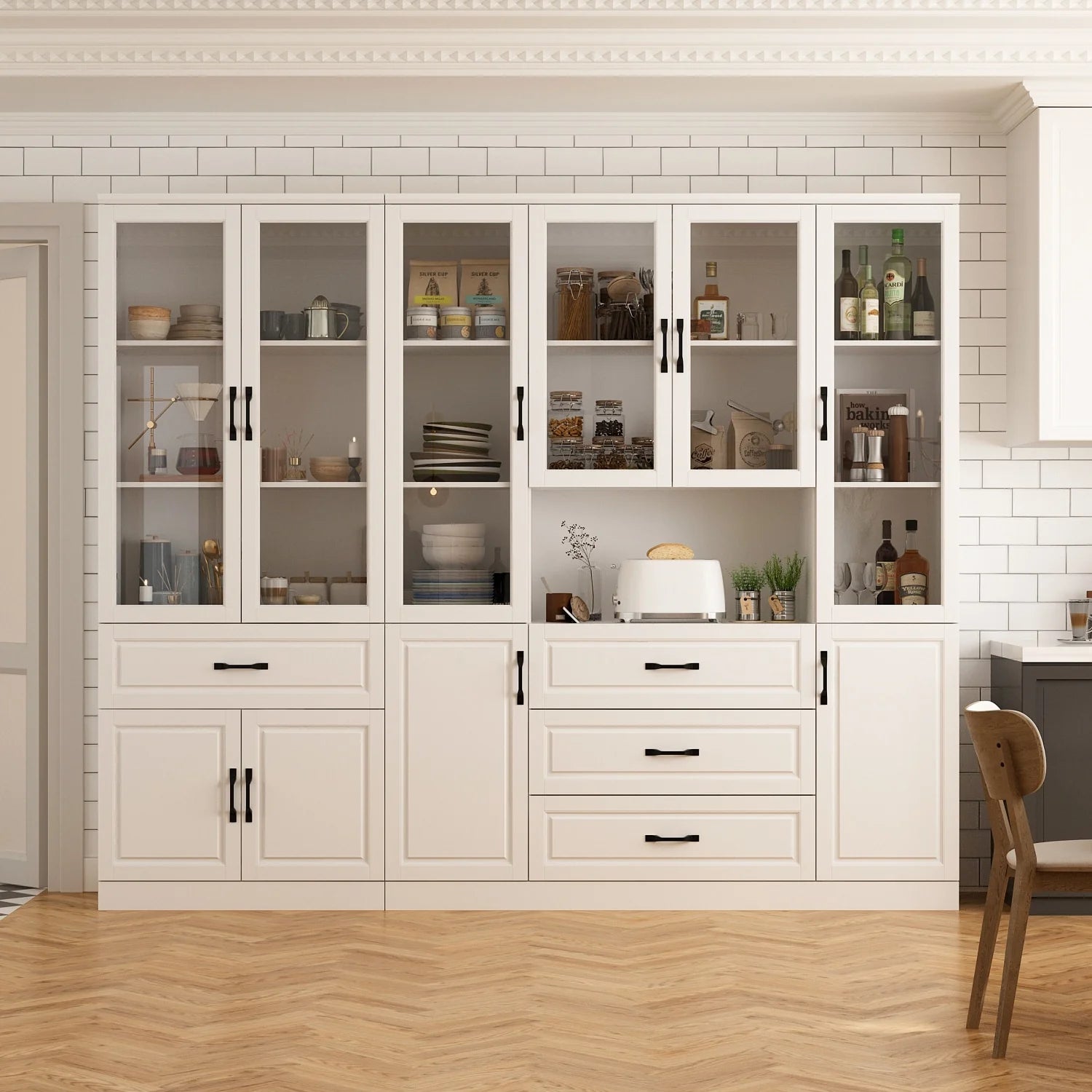 78.7"Modular White Curio Bookcase Cabinet w/Glass Doors Buffet Display