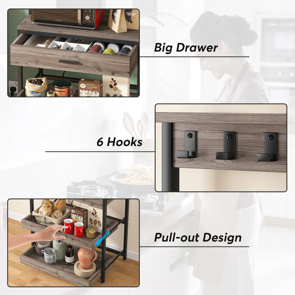 Kitchen Bakers Rack with Power Outlets, High Utility Storage Shelves Microwave Stand with Drawers