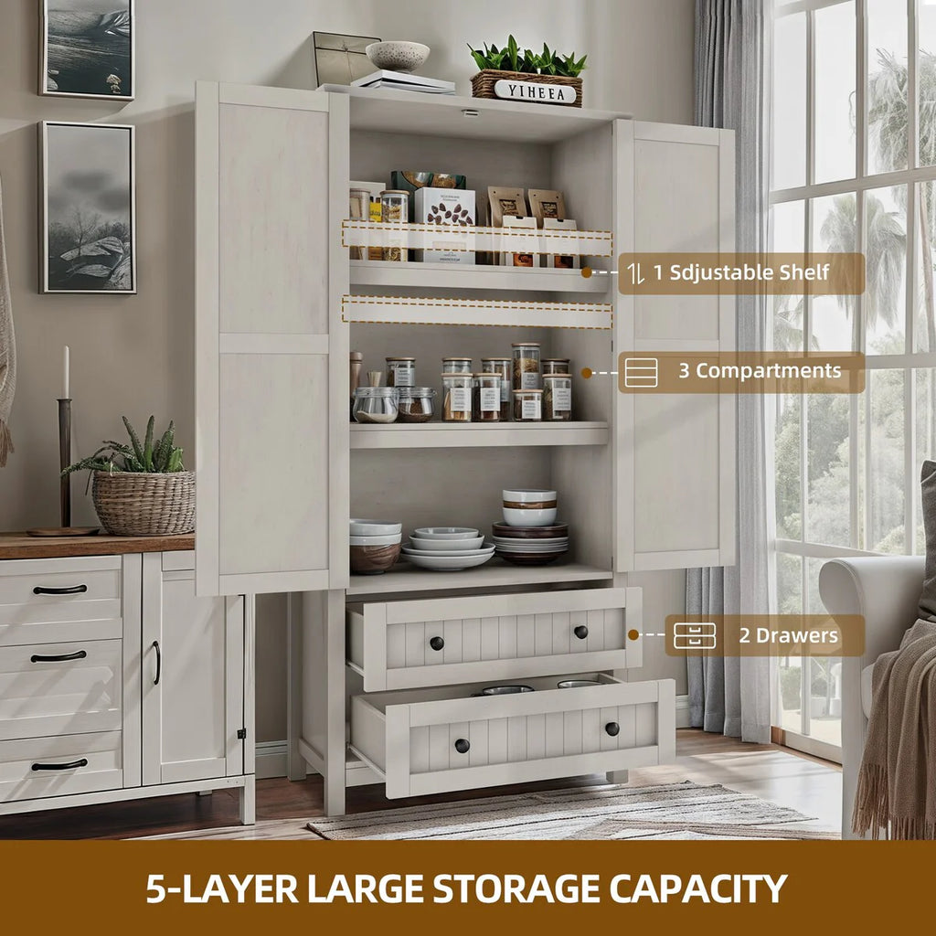 64" Farmhouse Tall Kitchen Pantry Storage Cabinet with 2 Drawers & Doors