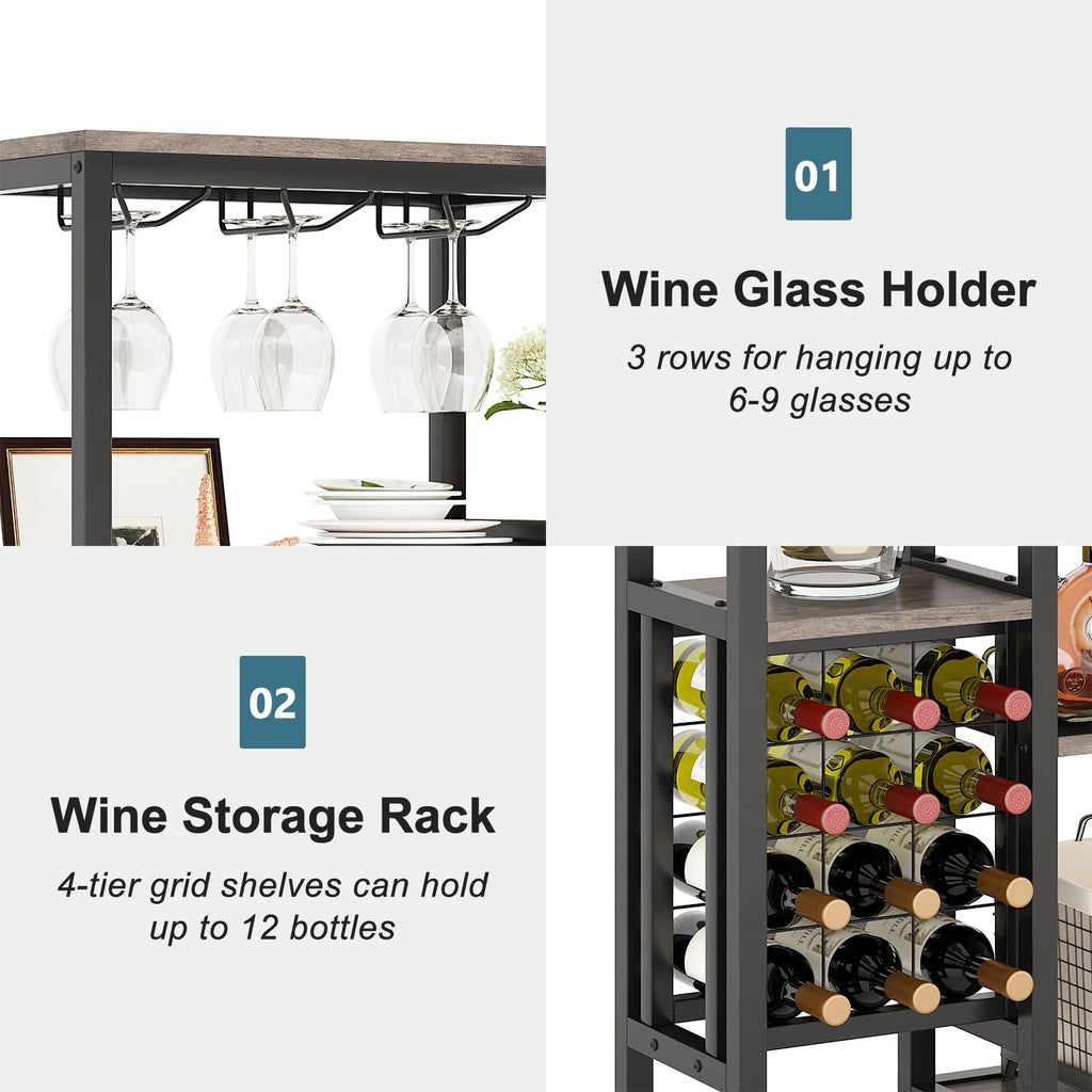 5-Tier Freestanding Floor Wine Baker Rack with Glass Holder & Wine Storage, Industrial Wine Display for Bar, Dining Room - N/A