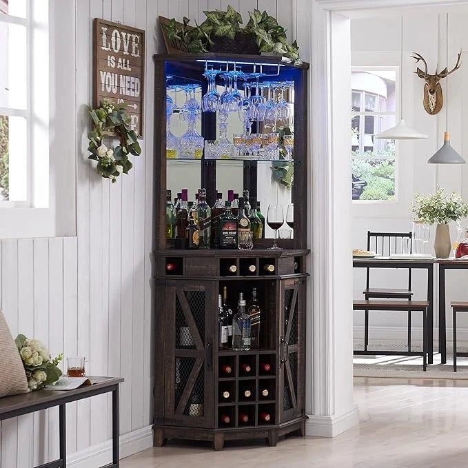 Farmhouse Corner Bar Storage Cabinet, Wine Bar Cabinet, Bar Cabinet