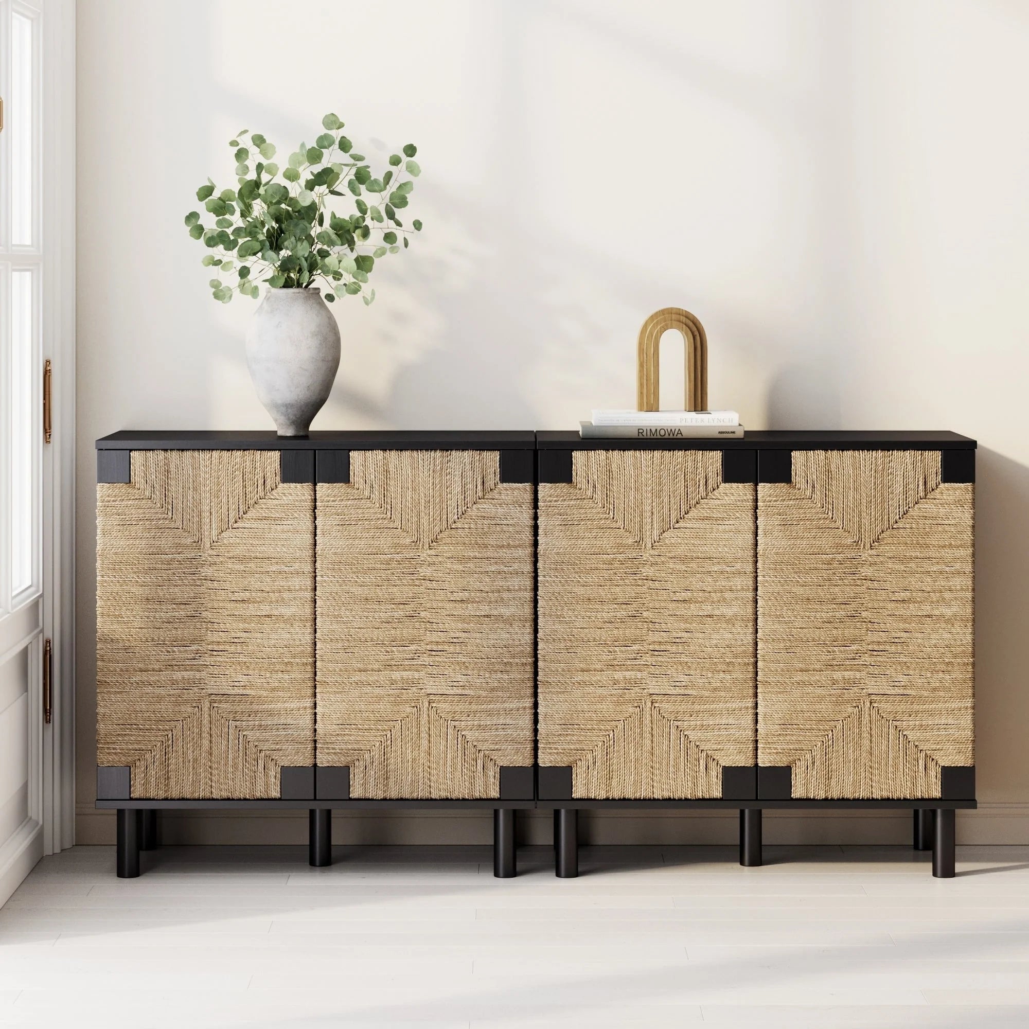 Nathan James Beacon Wood Accent Cabinet with Seagrass Doors and Adjustable Shelf
