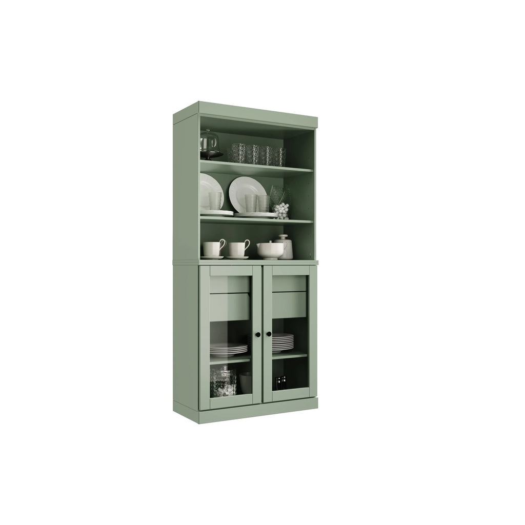 100% Solid Wood Kitchen Pantry Cabinet with 2 Clear Glass or Solid Wood Doors and 2-Drawer Organizer by Palace Imports