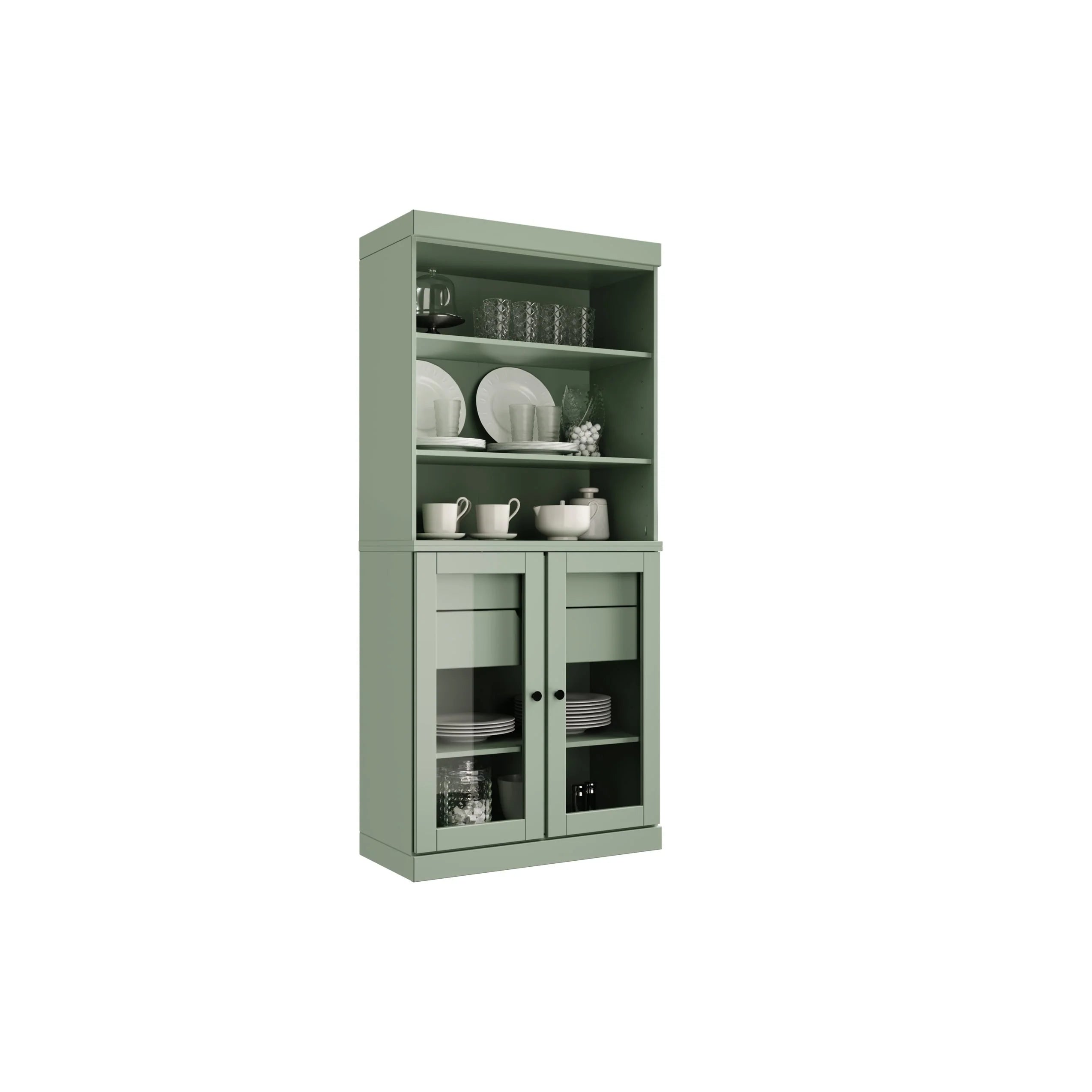 100% Solid Wood Kitchen Pantry Cabinet with 2 Clear Glass or Solid Wood Doors and 2-Drawer Organizer by Palace Imports