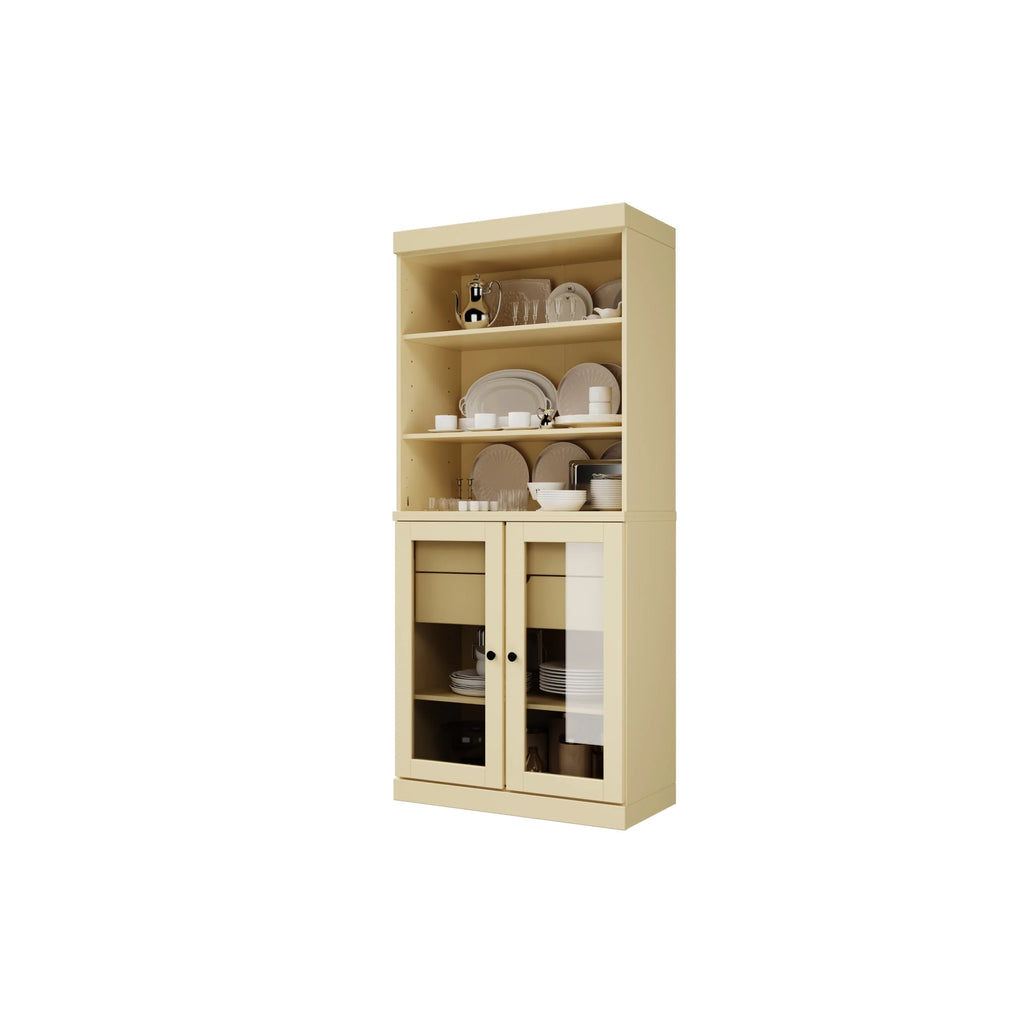 100% Solid Wood Kitchen Pantry Cabinet with 2 Clear Glass or Solid Wood Doors and 2-Drawer Organizer by Palace Imports