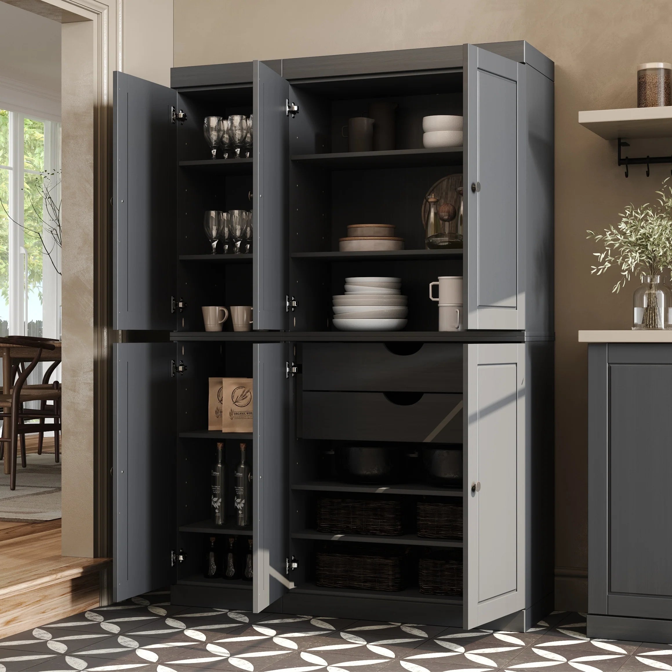 Palace Imports 100% Solid Wood China Pantry with Glass or Solid Wood Doors and 2-Drawers - 48.5" x 71.5"