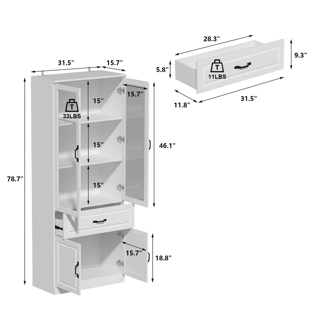 78.7"Modular White Curio Bookcase Cabinet w/Glass Doors Buffet Display