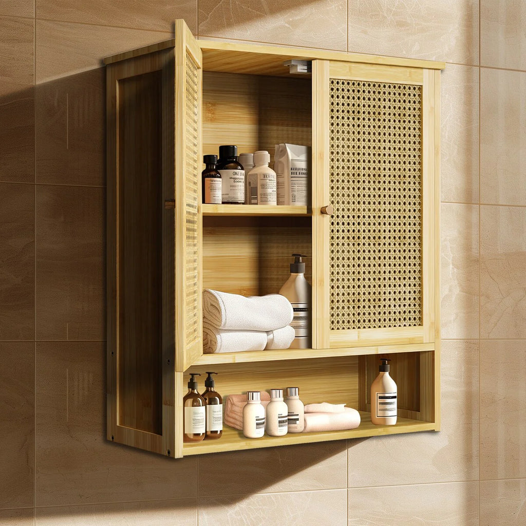 Bamboo Wall Mounted Cabinet Hanging Storage Cabinet with 3 Shelves
