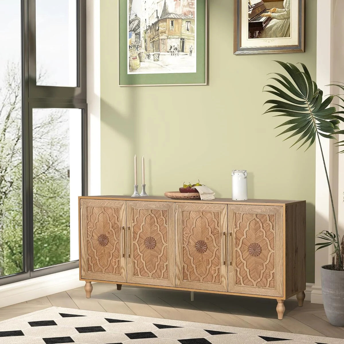 Roomfitters Carved Flower Door Large Storage Cabinet with Metal Handle - Perfect for Living Room, Kitchen, Entryway