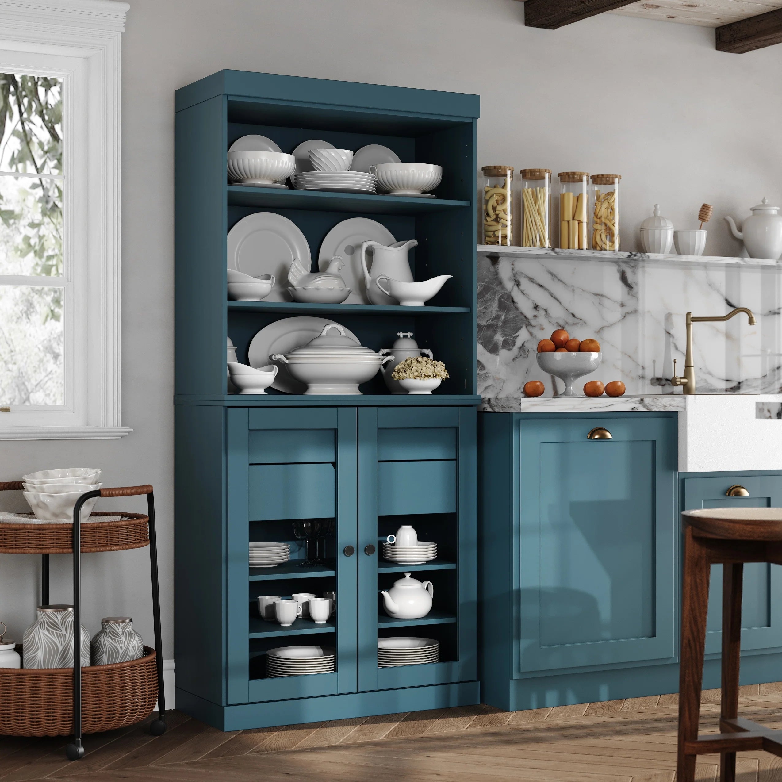 100% Solid Wood Kitchen Pantry Cabinet with 2 Clear Glass or Solid Wood Doors and 2-Drawer Organizer by Palace Imports