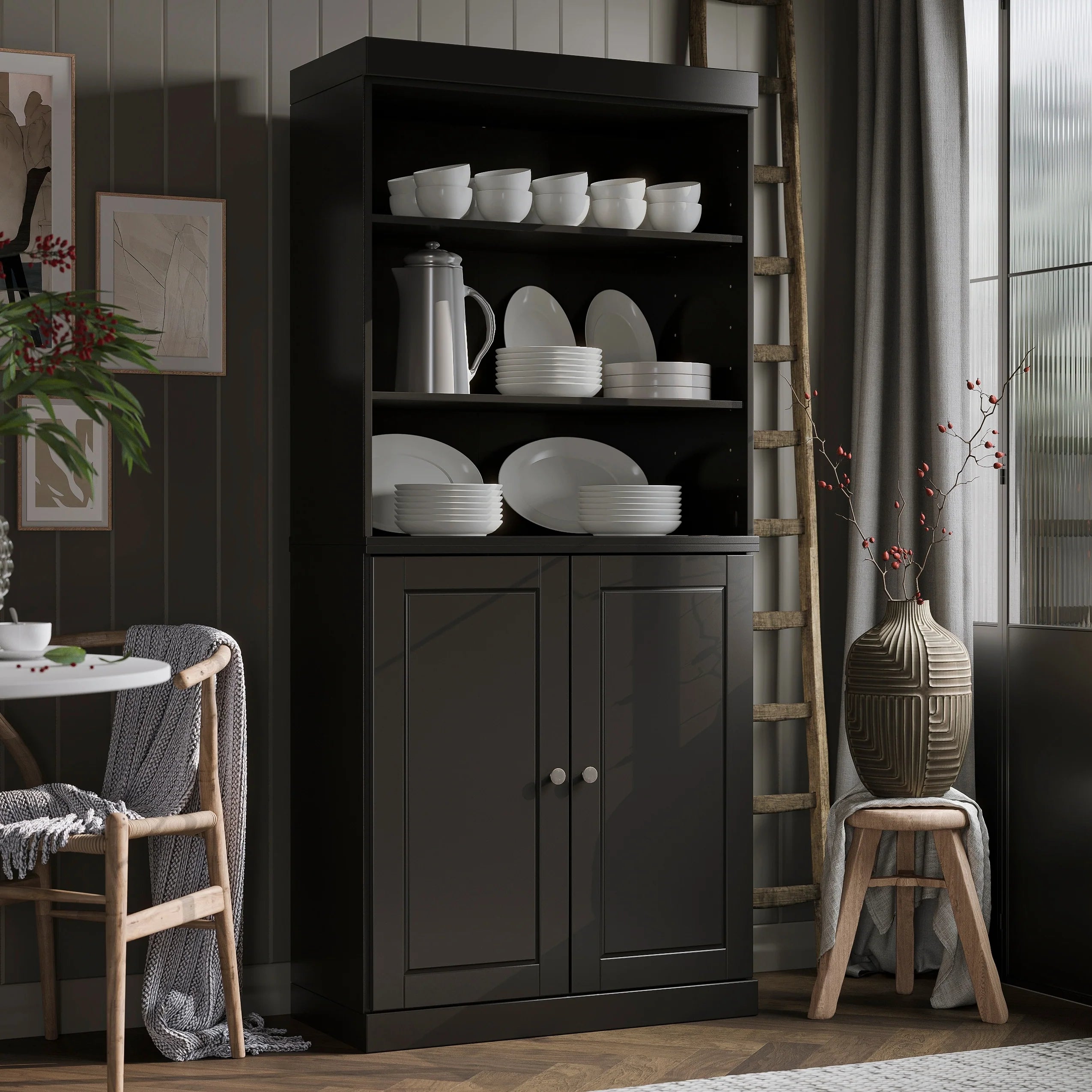 100% Solid Wood Kitchen Pantry Cabinet with 2 Clear Glass or Solid Wood Doors and 2-Drawer Organizer by Palace Imports