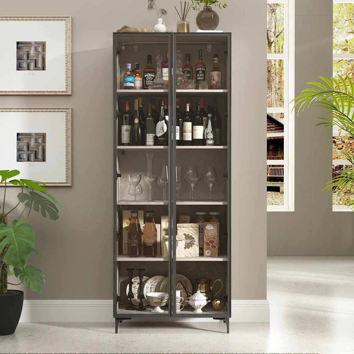 Kitchen Pantry Cabinets 5-Tier Tall Storage Cabinet with Glass Doors