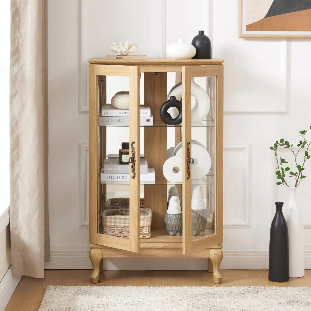 Curio Cabinet with Tempered Glass Doors and Adjustable Shelves Light Bulb Included