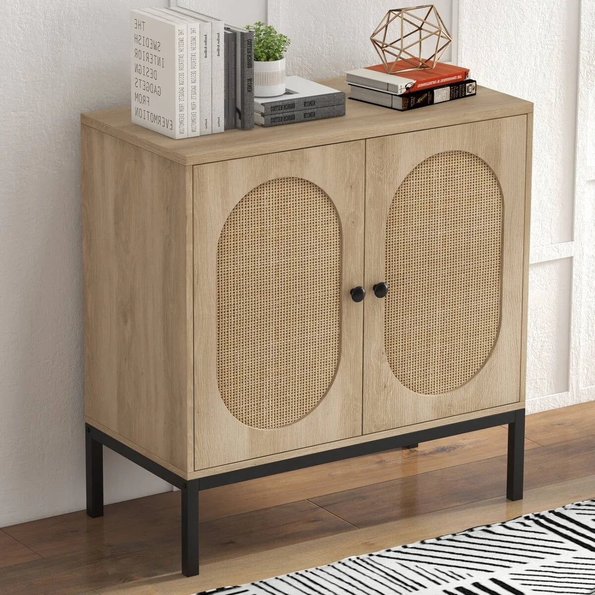 Beige Rattan Storage Cabinet with Doors and Shelves - N/A