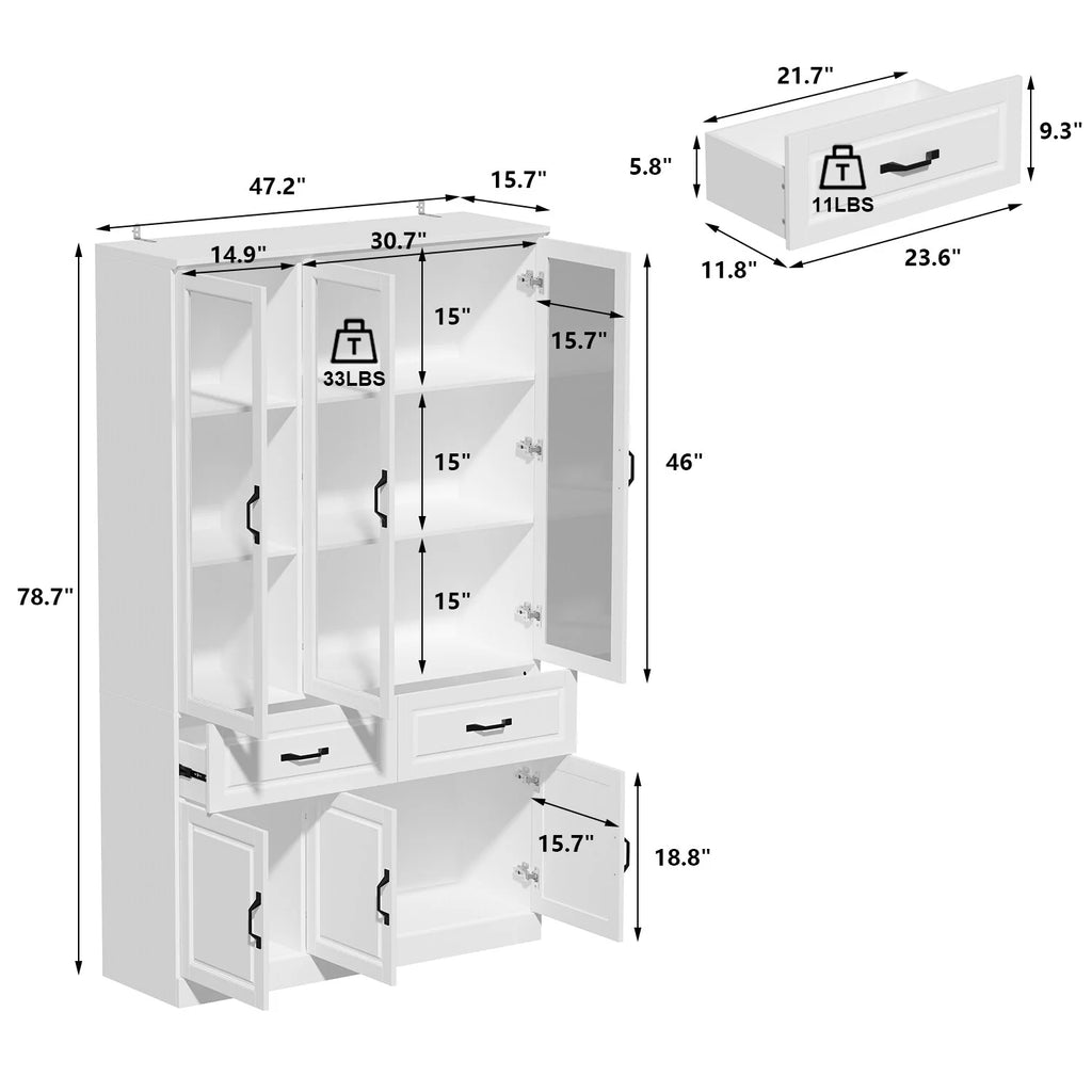 78.7"Modular White Curio Bookcase Cabinet w/Glass Doors Buffet Display