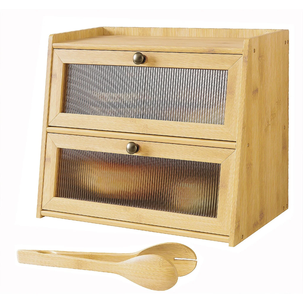 Double Layer Bamboo Bread Box for Kitchen Counter, Large Capacity Bread Storage Bin with Window Bread Holder.