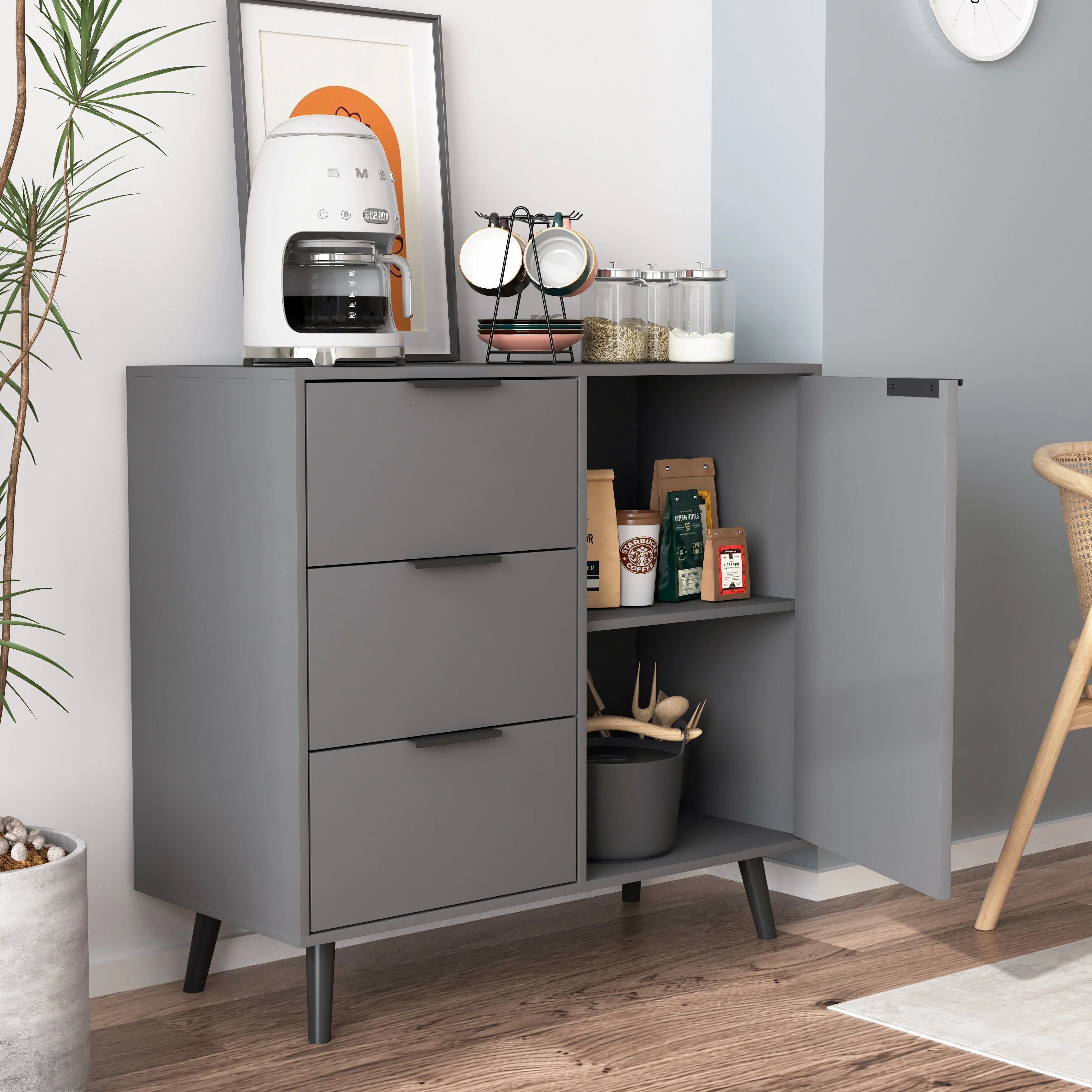 Sideboard Buffet Cabinet with Storage, Wood Coffee Bar Cabinet with Drawers & Doors