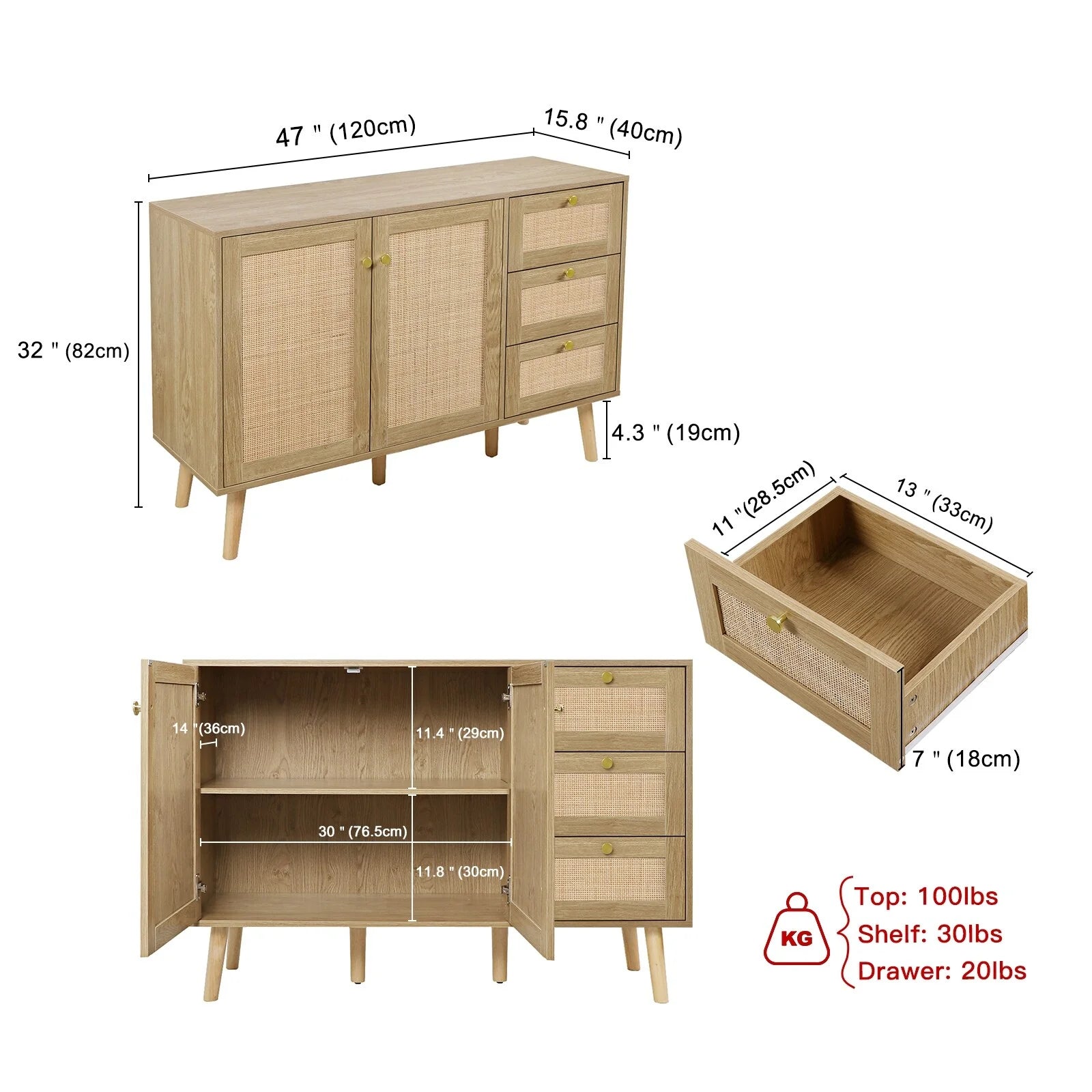 Anmytek Mid-Century Modern 2-Door Wood Rattan Buffet Sideboard Kitchen Storage Cabinet with 3 Drawers
