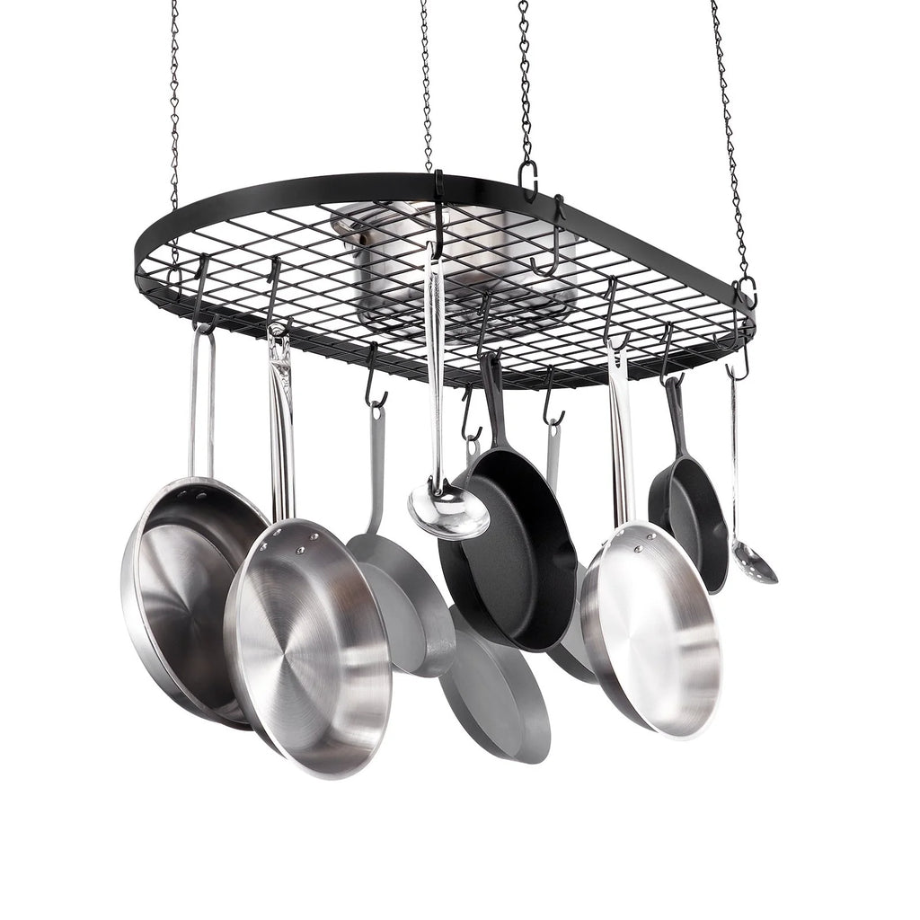 Black Carbon Steel Ceiling Mounted Hanging Pot Rack with S Shaped Hooks Ideal for Home or Restaurant
