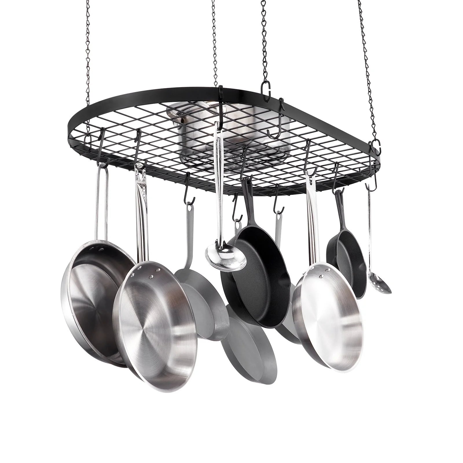 Black Carbon Steel Ceiling Mounted Hanging Pot Rack with S Shaped Hooks Ideal for Home or Restaurant