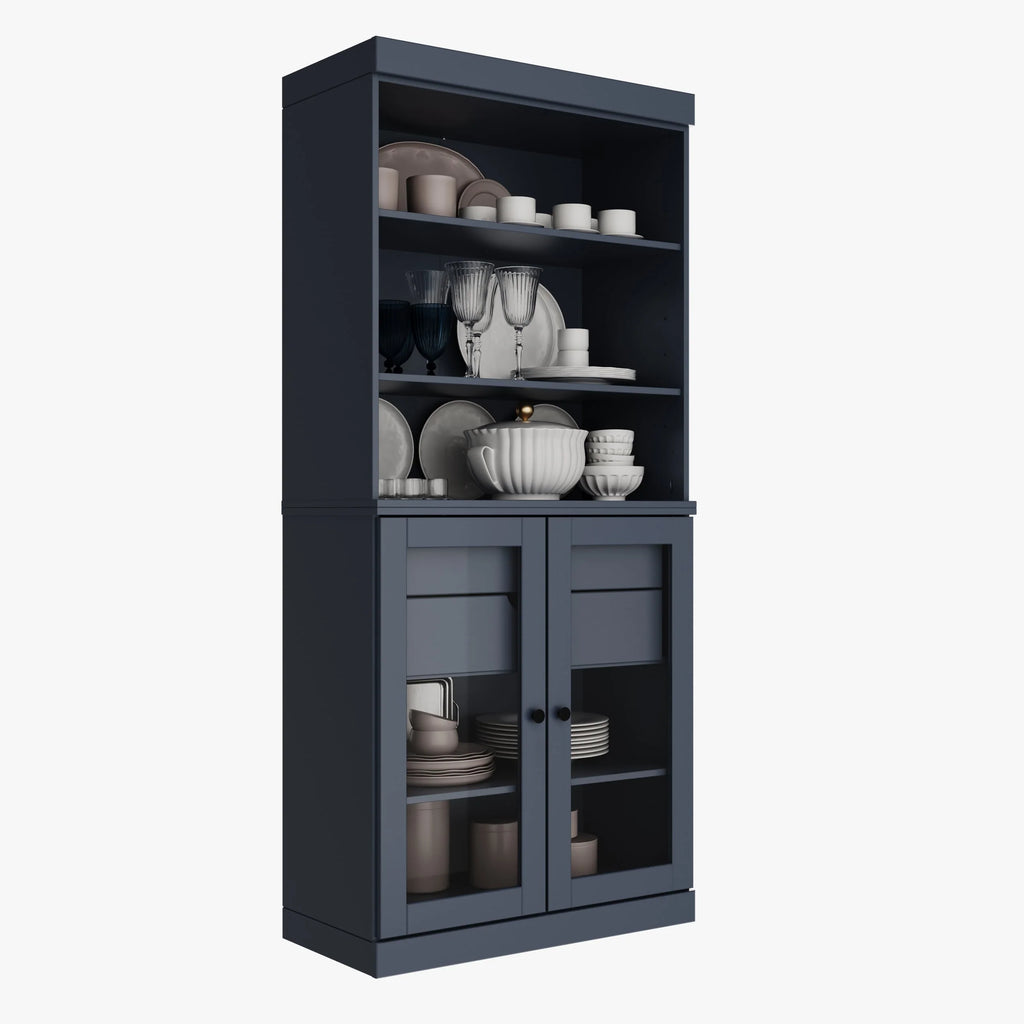 100% Solid Wood Kitchen Pantry Cabinet with 2 Clear Glass or Solid Wood Doors and 2-Drawer Organizer by Palace Imports