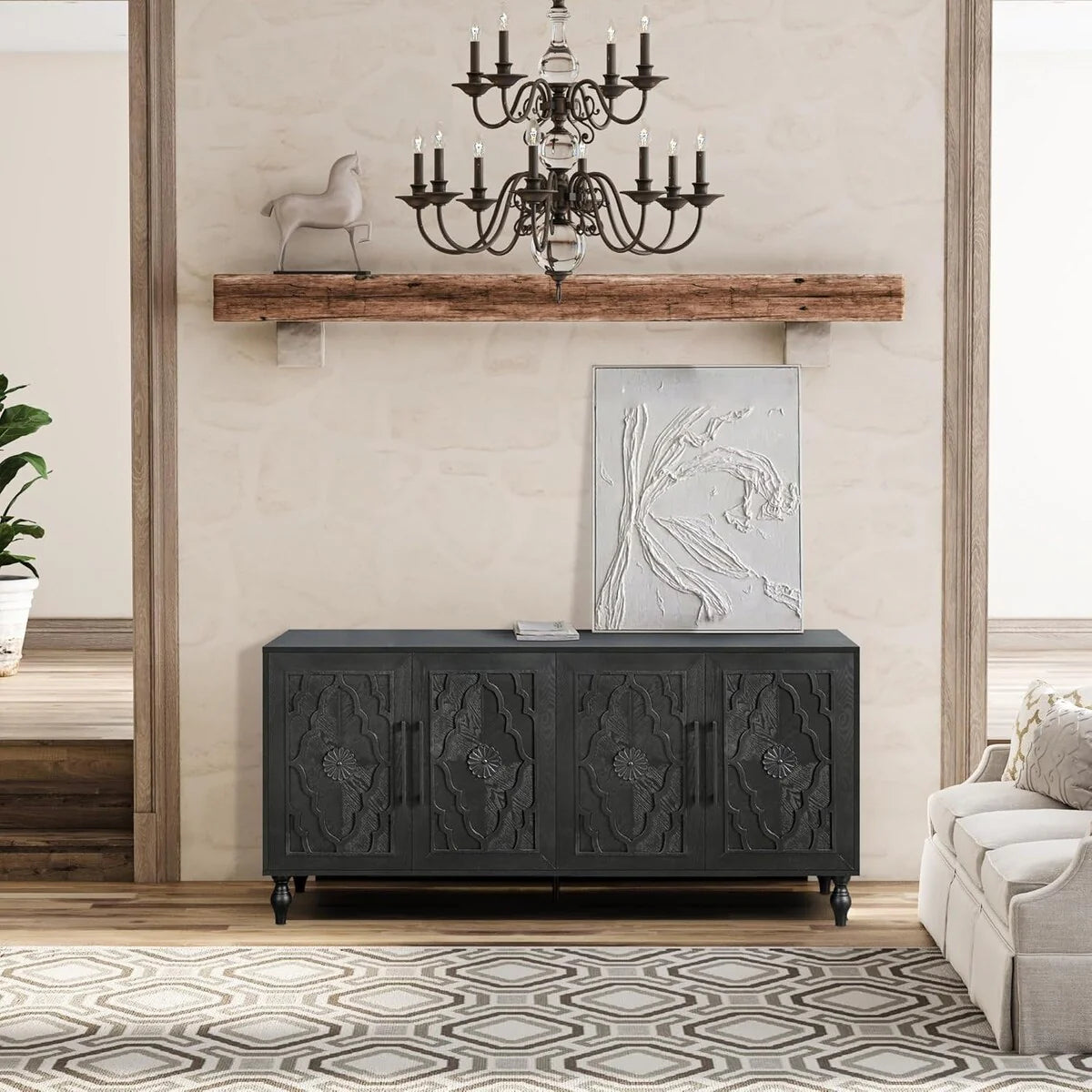 Roomfitters Carved Flower Door Large Storage Cabinet with Metal Handle - Perfect for Living Room, Kitchen, Entryway