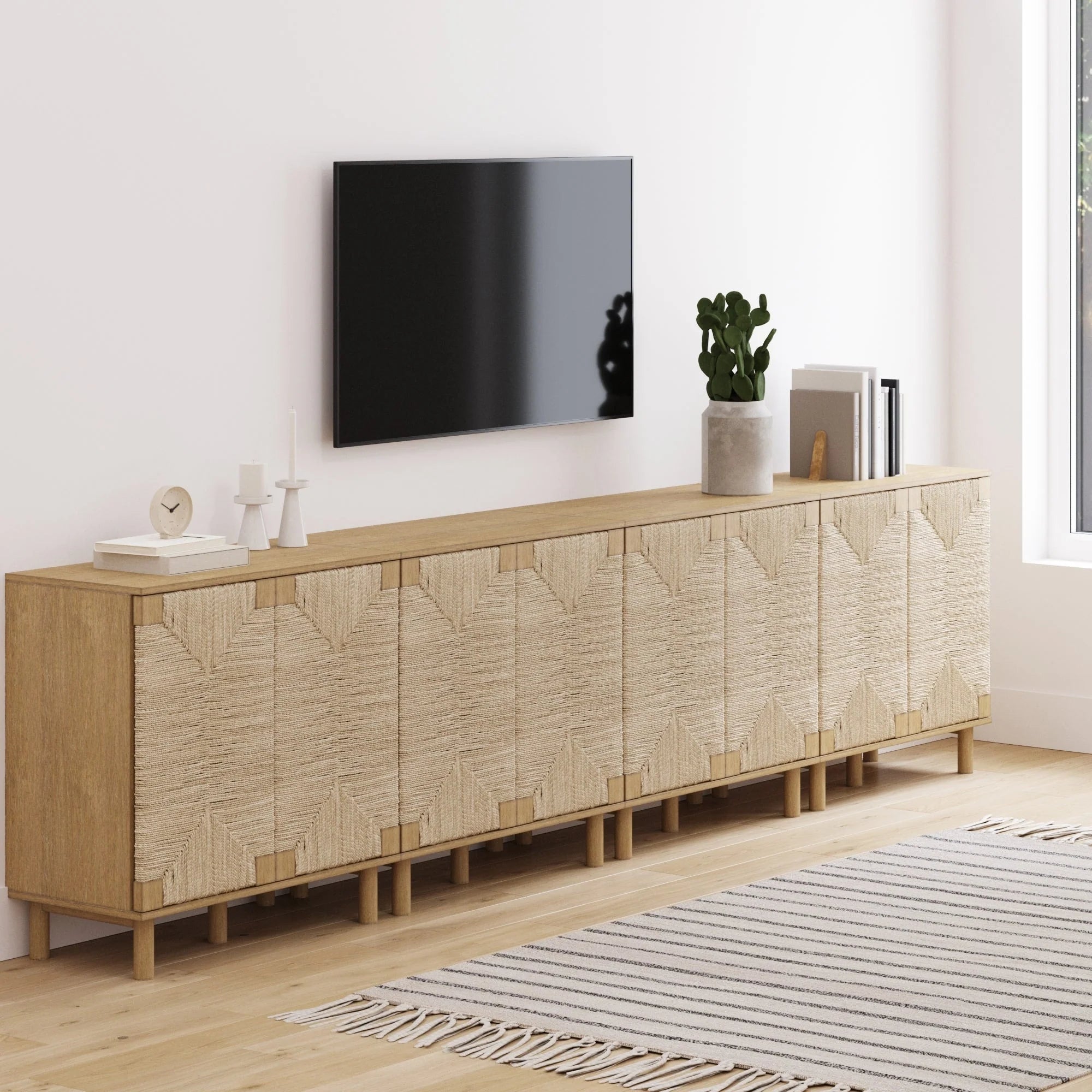 Nathan James Beacon Wood Accent Cabinet with Seagrass Doors and Adjustable Shelf