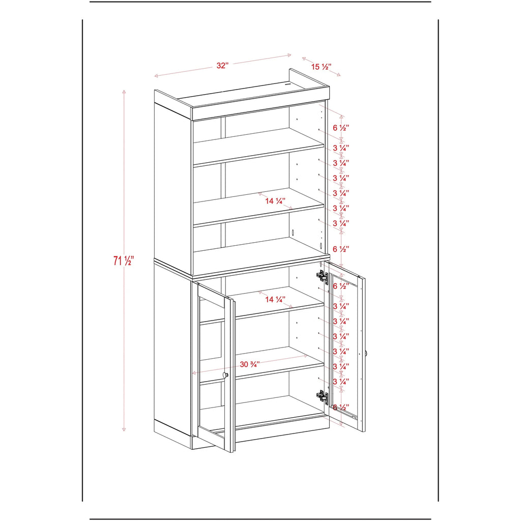 100% Solid Wood Kitchen Pantry Cabinet with 2 Clear Glass or Solid Wood Doors and 2-Drawer Organizer by Palace Imports