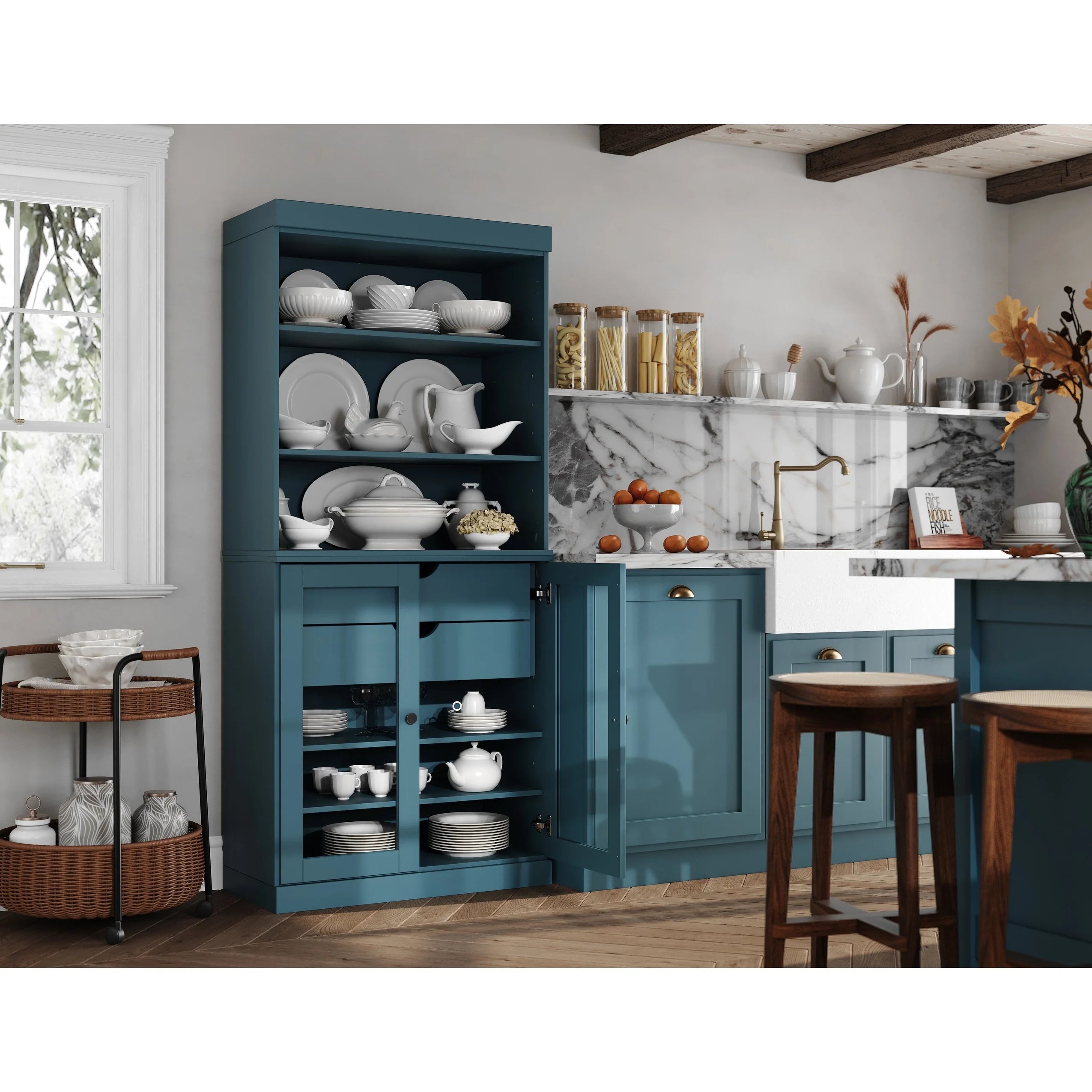 100% Solid Wood Kitchen Pantry Cabinet with 2 Clear Glass or Solid Wood Doors and 2-Drawer Organizer by Palace Imports