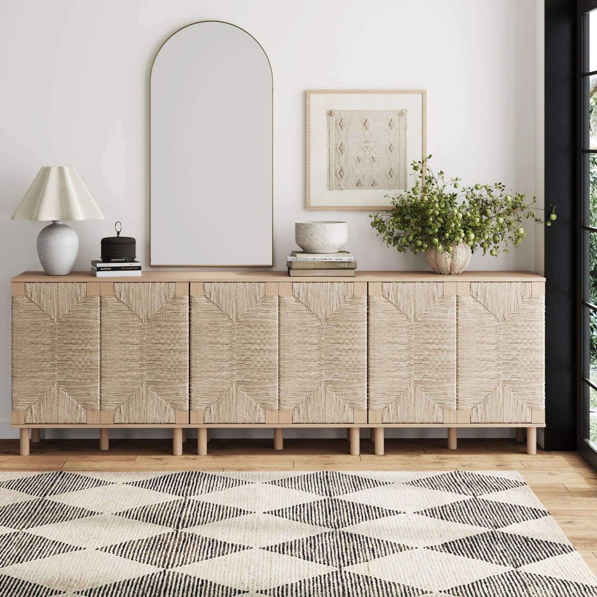 Nathan James Beacon Wood Accent Cabinet with Seagrass Doors and Adjustable Shelf