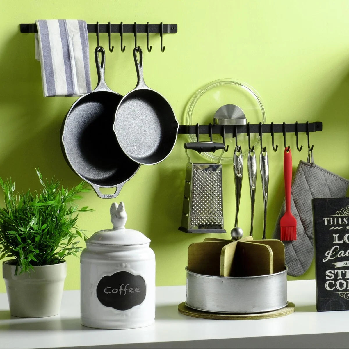Wallniture Casto 17" Pot Rack with 10 Hooks, Steel Utensil Holder, Black