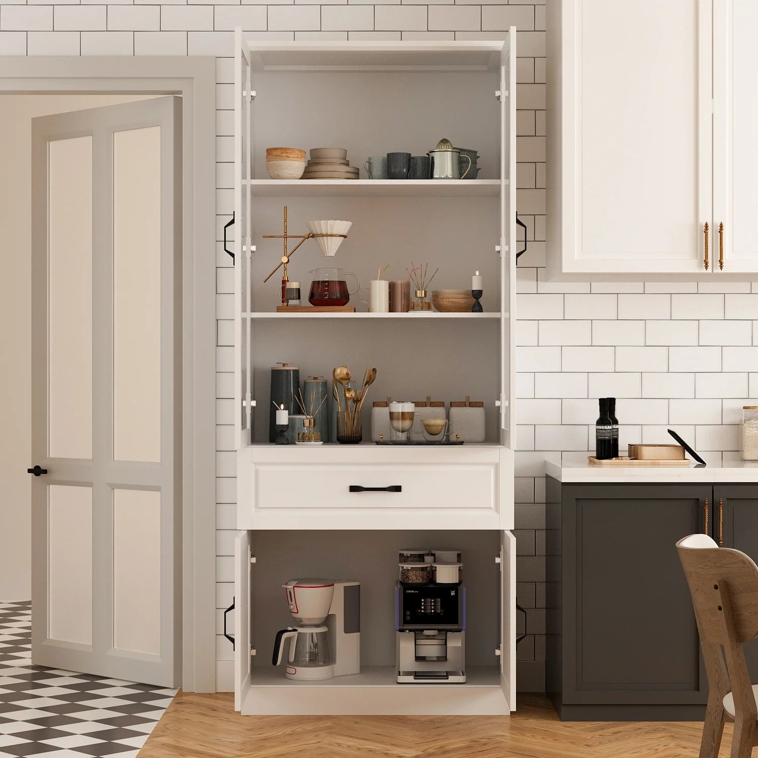 78.7"Modular White Curio Bookcase Cabinet w/Glass Doors Buffet Display