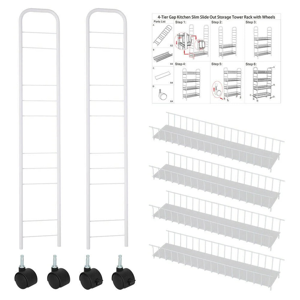 4 Tier Slim Slide Out Storage Rack with Wheels Storage Basket, White