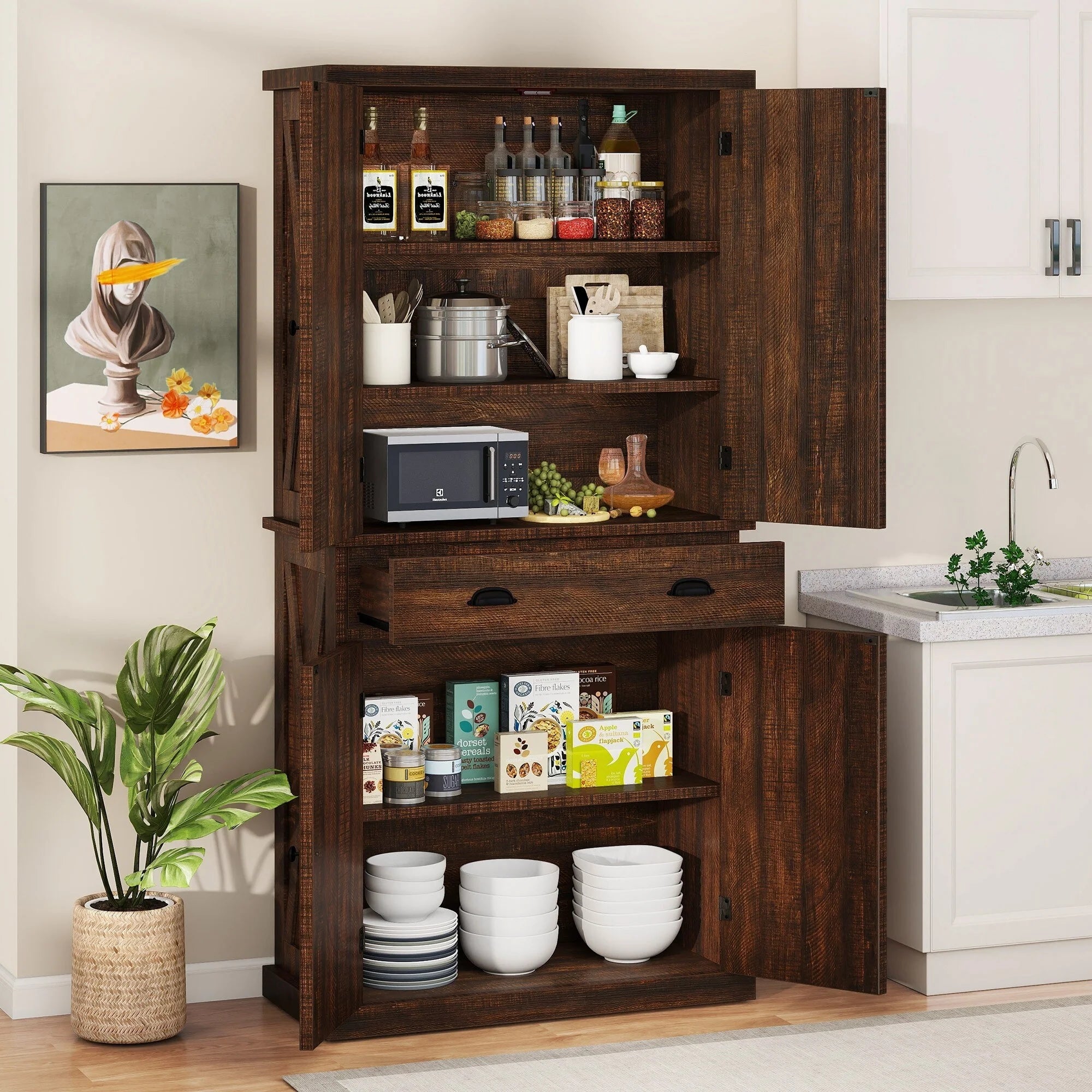 Moasis Farmhouse Freestanding 72'' Kitchen Pantry Storage Cabinet Cupboard with Drawer Adjustable Shelves